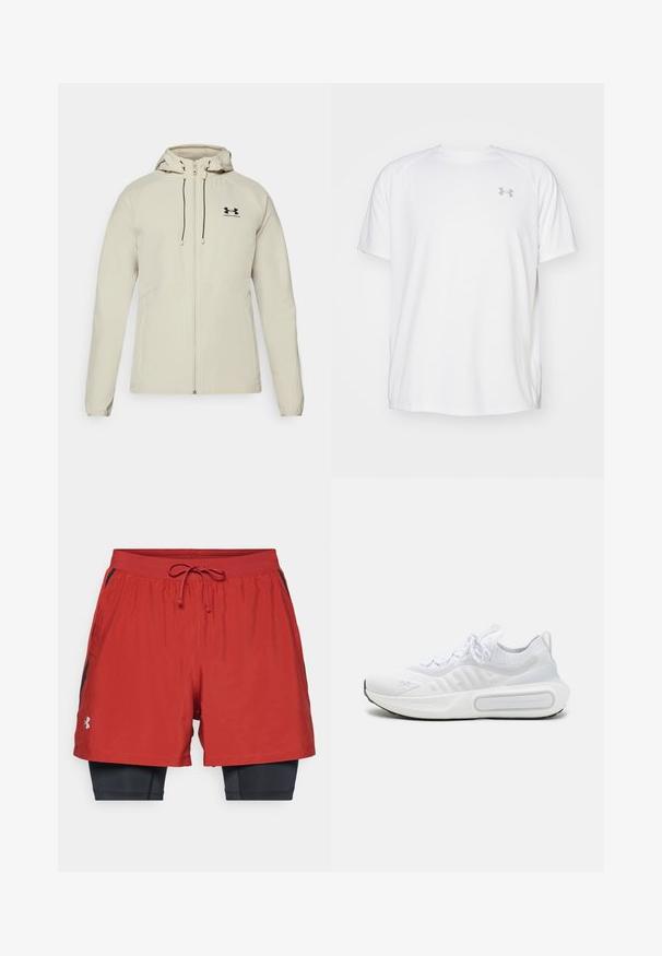 Svetlo bež kapuča jakna s prednjim zadrgo, prilagodljivimi vrvicami in črnim logotipom na levi prsih. Gladko blago in prilegajoča zasnova.; Bela kratka športna majica s kratkimi rokavi, izdelana iz gladkega blaga. Ima okroglo ovratnico in sivo logotip na levi prsi ter stranske razpoke na robu.; Under Armour LAUNCH - Kratke hlače 2 v 1 - earthen orange/black; Bela športna čevlja s teksturirano pletenino, vezanjem na vezalke, blaženim podplatom in značilnim logotipom na strani.