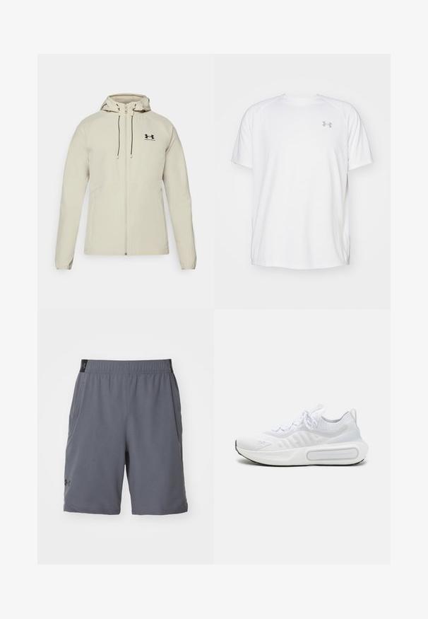 Heled helebeige kapuutsiga jakk, millel on ees lukk, reguleeritavad nöörid ja must logo vasakul rinnal. Sile kangas ja figuuri järgnevdisain.; Valge lühikeste varrukate ja sportliku lõikega särk, millel on sile kangas. Omab ümarat kaelust ja halli logo vasakul rinnal, ning külgsuured lõhik kui lõhateel.; Hallid hallid sportlikud lühikesed püksid elastse vöökoha, küljetaskute ja väikese musta logo ning vasaku jala peal. Valmistatud kergest ja hingavast materjalist.; Valge spordijalats, millel on tekstuuriga kudumipealne, kinnitatav nööri sulgemine, pehmendusega tald ning silmapaistev brändingu detail külje peal.