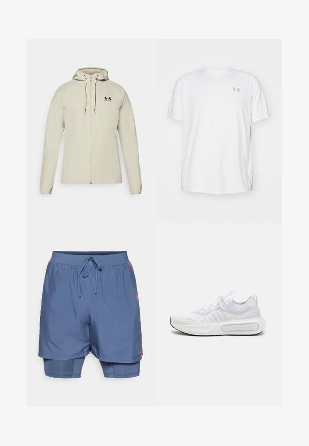 Šviesiai smėlio spalvos džemperis su gobtuvu, priekiniais užtrauktukais, reguliuojamomis raištelėmis ir juodu logotipu ant kairiojo krūtinės. Lygus audinys ir prigludusi forma.; Balta trumpa rankovėmis sportinė marškinėliai, pagaminti iš lygaus audinio. Yra apvalus kaklas ir pilkas logotipas kairėje krūtinės pusėje, o apatinėje dalyje yra šoninės plyšiai.; Mėlyni sportiniai šortai su elastingu juosmeniu ir raišteliu. Įtrauktas vidinis prigludęs sluoksnis. Šonai papuošti oranžinėmis detalėmis.; Baltas sportinis batelis su tekstūruota trikotažo viršutine dalimi, su raišteliais, paminkštintu padu ir išskirtiniu ženklas šone.