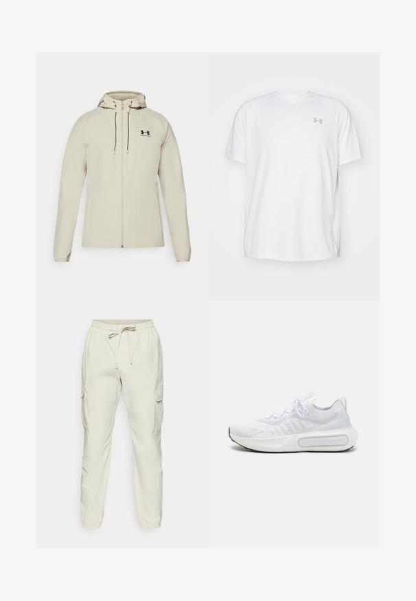 Jasnobeżowa kurtka z kapturem, z przednim zamkiem błyskawicznym, regulowanymi sznurkami i czarnym logo po lewej stronie klatki piersiowej. Gładki materiał i dopasowany krój.; Biała, krótko rękawowa koszulka sportowa wykonana z gładkiego materiału. Posiada okrągły dekolt oraz szare logo po lewej stronie klatki piersiowej, z bocznymi rozcięciami u dołu.; Beżowe spodnie cargo z elastycznym pasem, szczegółami w postaci sznurka i dwoma kieszeniami cargo po bokach. Gładki materiał z tapered leg.; Białe sportowe buty z teksturowanym, dzianinowym wierzchem, sznurowanym zapięciem, wyściełaną podeszwą i charakterystycznym detalem brandingowym po boku.