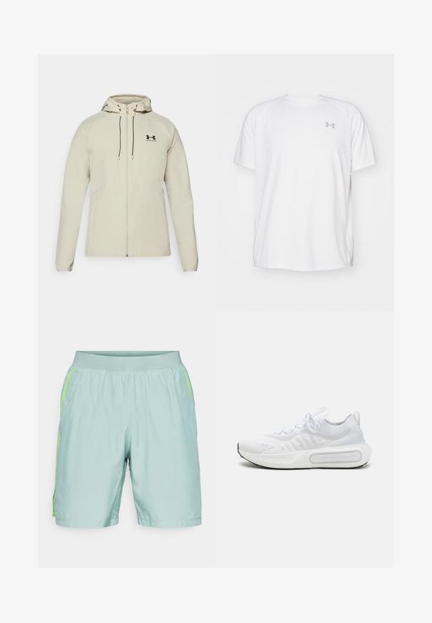 Casaco capuz bege claro com fecho à frente, cordões ajustáveis e logótipo preto no lado esquerdo do peito. Tecido suave e design ajustado.; Camisola atlética de mangas curtas brancas, feita de um tecido suave. Apresenta um decote redondo e um logótipo cinza no lado esquerdo do peito, com aberturas laterais na barra.; Calções atléticos azul-claro com uma textura suave, cintura elástica e detalhes laterais em verde néon. Laváveis à máquina, adequados para desporto.; Sapatilha desportiva branca com um upper em malha texturizada, fecho com atacadores, sola almofadada e um detalhe de marcação distintiva na lateral.