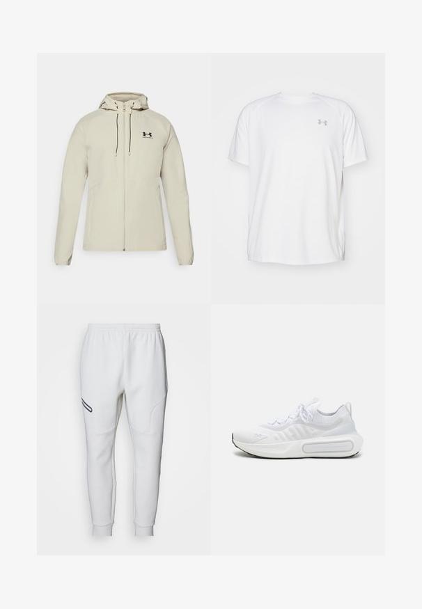 Heled helebeige kapuutsiga jakk, millel on ees lukk, reguleeritavad nöörid ja must logo vasakul rinnal. Sile kangas ja figuuri järgnevdisain.; Valge lühikeste varrukate ja sportliku lõikega särk, millel on sile kangas. Omab ümarat kaelust ja halli logo vasakul rinnal, ning külgsuured lõhik kui lõhateel.; Valge pusapäevapüksid pehme ja siledaga. Omavad kõveraid külgpaneele ja musta aktsenttriibu. Elastne vöökoht, et sobituda mugavalt.; Valge spordijalats, millel on tekstuuriga kudumipealne, kinnitatav nööri sulgemine, pehmendusega tald ning silmapaistev brändingu detail külje peal.