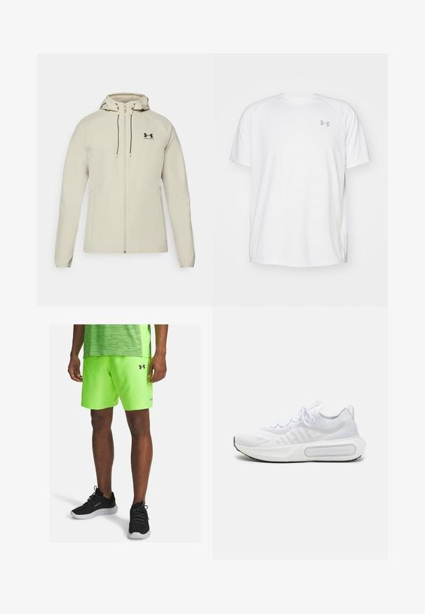 Chaqueta con capucha de color beige claro, con cremallera frontal, cordones ajustables y logo negro en el lado izquierdo del pecho. Tela suave y diseño ajustado.; Camisa atlética de manga corta blanca, hecha de tejido suave. Presenta un cuello redondo y un logo gris en el lado izquierdo del pecho, con aberturas laterales en el dobladillo.; Bermudas deportivas de color verde neón con cintura elástica y bolsillos laterales, combinadas con zapatillas negras para running con una parte superior texturizada y suelas blancas.; Zapatilla deportiva blanca con una parte superior de punto texturizado, cierre de cordones, suela acolchada y un detalle de marca distintivo en el lateral.