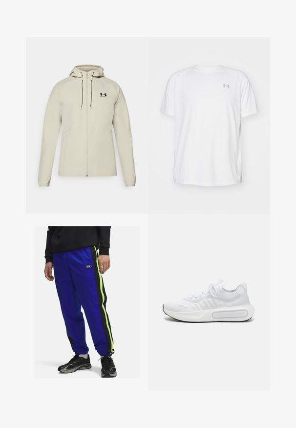 Helle beige Kapuzenjacke mit einem Frontreißverschluss, verstellbaren Kordeln und schwarzem Logo auf der linken Brust. Glattes Material und taillierte Passform.; Weißes kurzärmeliges Sportshirt aus glattem Material. Mit Rundhalsausschnitt und grauem Logo auf der linken Brust, sowie seitlichen Schlitzen am Saum.; Blaue Nylon-Trackpants mit schwarzen und neongrünen seitlichen Streifen; enthalten ein gesticktes Logo in der Nähe der Taille; elastischer Bund und Bündchen.; Weißer Sportschuh mit einem strukturierten Strick-Obermaterial, Schnürverschluss, gepolsterter Sohle und einem markanten Branding-Detail an der Seite.