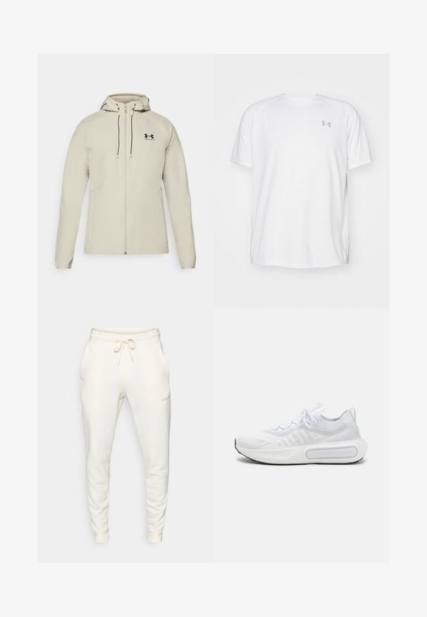 Világos bézs színű kapucnis dzseki elöl cipzárral, állítható zsinórokkal és fekete logóval a bal mellrészen. Simaszerkezet és testhezálló kialakítás.; Fehér, rövid ujjú sportpóló sima anyagból. Kerek nyakkivágással és szürke logóval a bal mellkasnál, az alján oldalsó hasítékokkal.; Fehér melegítőnadrág puha anyagból, rugalmas derékkal, zsinórral, oldalsó zsebekkel és bordás mandzsettákkal.; Fehér sportcipő texturált kötött felsőrésszel, fűzős záródással, párnázott talppal és egyedi márkajelzéssel az oldalon.