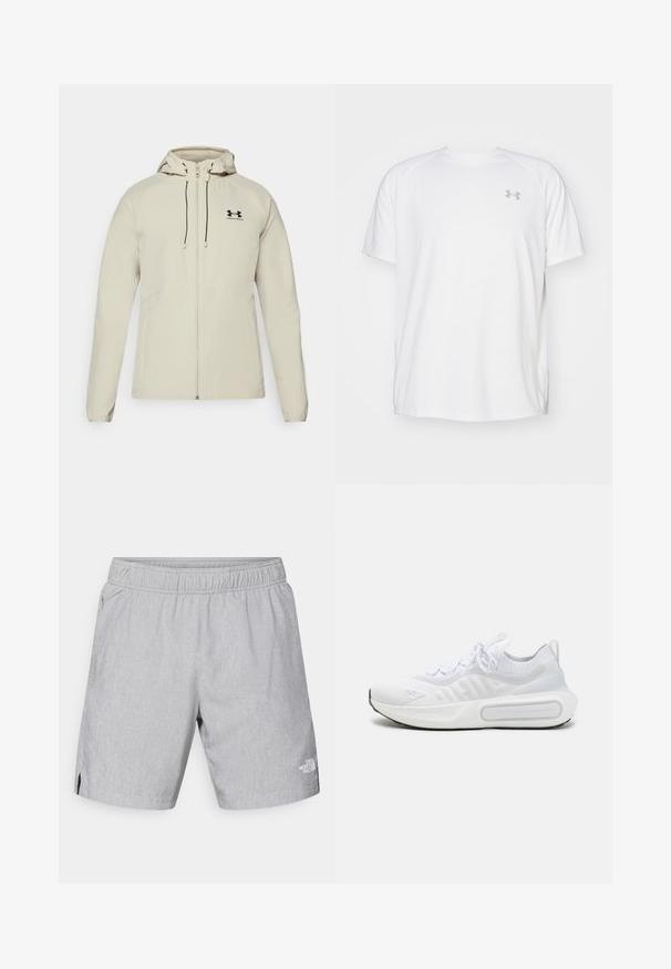 Vala beige huppari, jossa on etuvetoketju, säädettävät nyörit ja musta logo vasemmassa rinnassa. Sileä kangas ja vartalonmyötäinen muotoilu.; Valkoinen lyhythihainen urheilupaita, joka on valmistettu sileästä kankaasta. Paidassa on pyöreä kaula-aukko ja harmaa logo vasemmassa rinnassa, sekä sivuhalkiot helmassa.; Vaaleanharmaat shortsit, jotka on valmistettu teksturoidusta kankaasta. Niissä on joustava vyötärö, sivutaskut ja logo alhaisemmassa oikeassa jalassa.; Valkoinen urheilukenkä, jossa on teksturoitu neulepinta, nauhakiinnitys, pehmustettu pohja ja erottuva brändityyli sivussa.