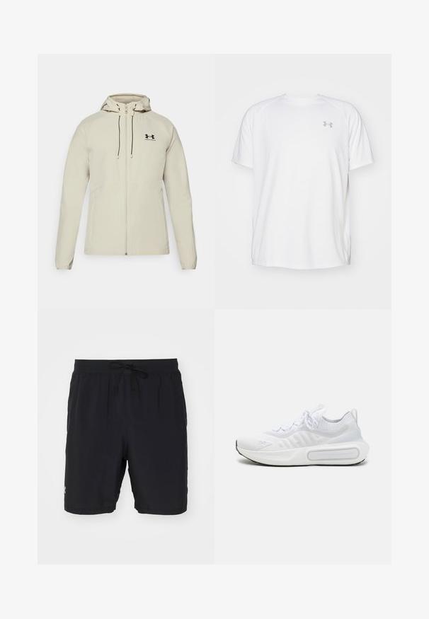 Vala beige huppari, jossa on etuvetoketju, säädettävät nyörit ja musta logo vasemmassa rinnassa. Sileä kangas ja vartalonmyötäinen muotoilu.; Valkoinen lyhythihainen urheilupaita, joka on valmistettu sileästä kankaasta. Paidassa on pyöreä kaula-aukko ja harmaa logo vasemmassa rinnassa, sekä sivuhalkiot helmassa.; Mustat uimapuvut, jotka on valmistettu kevyestä kankaasta. Niissä on joustava vyötärö, jossa on nauha, sivutaskut ja hillitty logoyksityiskohta.; Valkoinen urheilukenkä, jossa on teksturoitu neulepinta, nauhakiinnitys, pehmustettu pohja ja erottuva brändityyli sivussa.