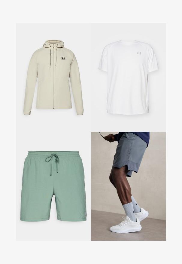 Világos bézs színű kapucnis dzseki elöl cipzárral, állítható zsinórokkal és fekete logóval a bal mellrészen. Simaszerkezet és testhezálló kialakítás.; Fehér, rövid ujjú sportpóló sima anyagból. Kerek nyakkivágással és szürke logóval a bal mellkasnál, az alján oldalsó hasítékokkal.; Világoszöld úszósort elasztikus derékkal és zsinórral. Sima textúra, térdig érő kialakítás, oldalt logóval.; Fehér sportcipők, amelyek texturált hálós felsőrésszel rendelkeznek, világoskék bordázott zoknival, amely logót visel. Szürke sportshortok perforált díszítéssel.