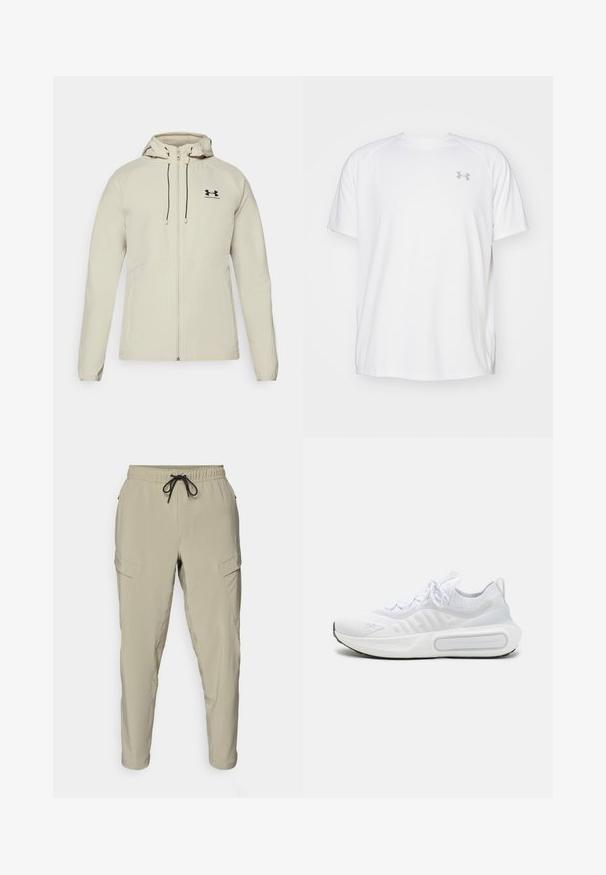 Világos bézs színű kapucnis dzseki elöl cipzárral, állítható zsinórokkal és fekete logóval a bal mellrészen. Simaszerkezet és testhezálló kialakítás.; Fehér, rövid ujjú sportpóló sima anyagból. Kerek nyakkivágással és szürke logóval a bal mellkasnál, az alján oldalsó hasítékokkal.; Beige cargo nadrág, rugalmas derékpánttal és húzózsinórral, szűkített lábakkal és oldalsó zsebekkel. Könnyű anyagból készült.; Fehér sportcipő texturált kötött felsőrésszel, fűzős záródással, párnázott talppal és egyedi márkajelzéssel az oldalon.