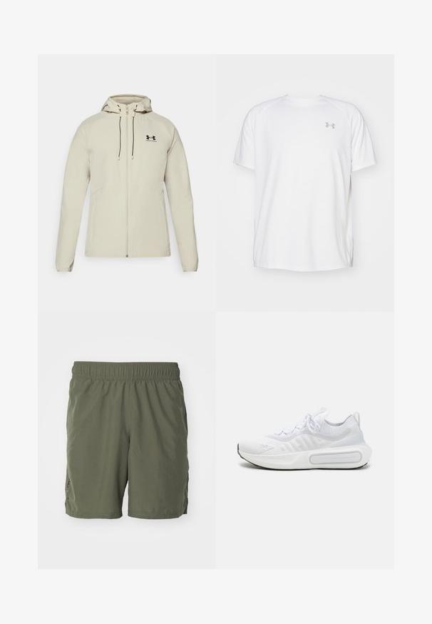 Heled helebeige kapuutsiga jakk, millel on ees lukk, reguleeritavad nöörid ja must logo vasakul rinnal. Sile kangas ja figuuri järgnevdisain.; Valge lühikeste varrukate ja sportliku lõikega särk, millel on sile kangas. Omab ümarat kaelust ja halli logo vasakul rinnal, ning külgsuured lõhik kui lõhateel.; Olivrohelised lühikesed püksid, mis on valmistatud kergest materjalist, elastse vöökoha ja külgsisselõigetega liikumise mugavuse tagamiseks. Lihtne disain.; Valge spordijalats, millel on tekstuuriga kudumipealne, kinnitatav nööri sulgemine, pehmendusega tald ning silmapaistev brändingu detail külje peal.