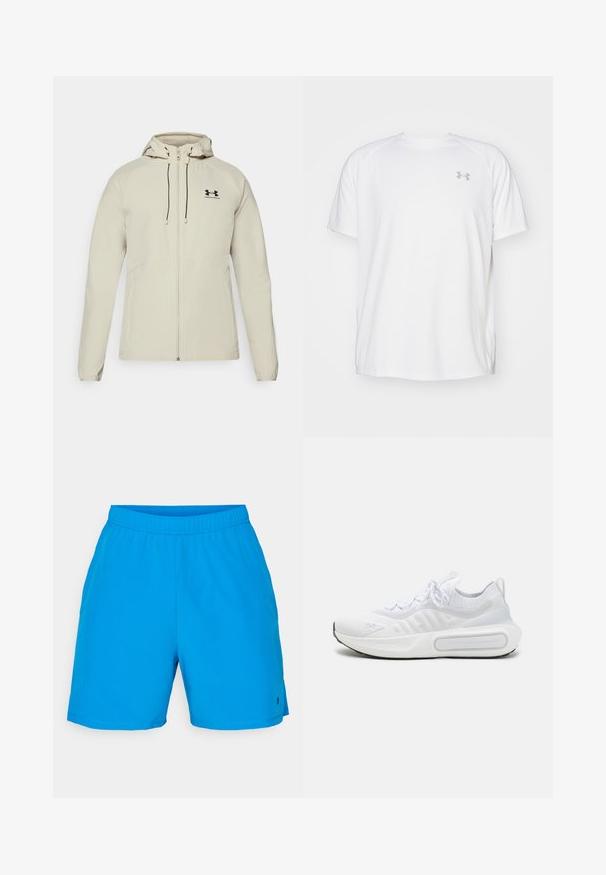 Casaco capuz bege claro com fecho à frente, cordões ajustáveis e logótipo preto no lado esquerdo do peito. Tecido suave e design ajustado.; Camisola atlética de mangas curtas brancas, feita de um tecido suave. Apresenta um decote redondo e um logótipo cinza no lado esquerdo do peito, com aberturas laterais na barra.; Calções de banho azuis feitos de material leve, com uma cintura elástica e um acabamento texturizado. Inclui um pequeno detalhe com o logótipo.; Sapatilha desportiva branca com um upper em malha texturizada, fecho com atacadores, sola almofadada e um detalhe de marcação distintiva na lateral.