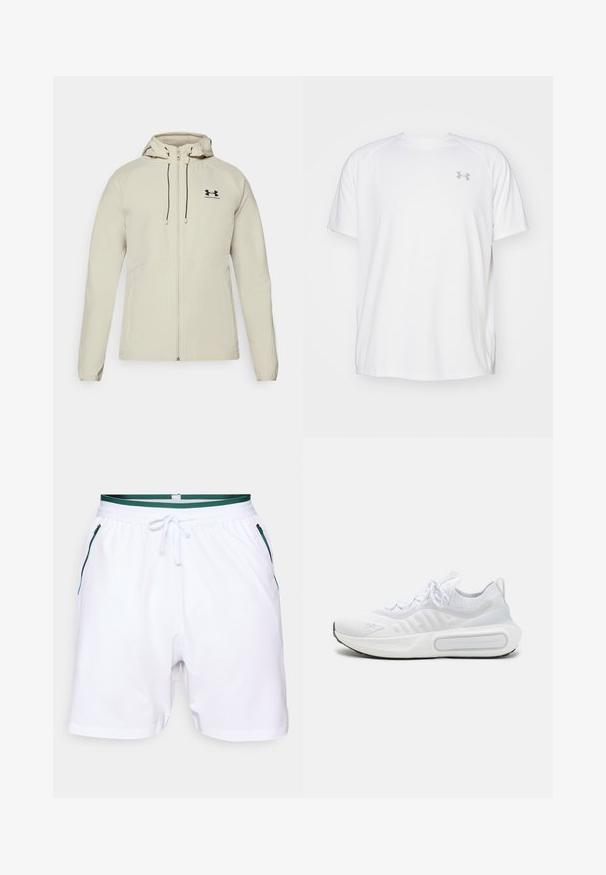Helle beige Kapuzenjacke mit einem Frontreißverschluss, verstellbaren Kordeln und schwarzem Logo auf der linken Brust. Glattes Material und taillierte Passform.; Weißes kurzärmeliges Sportshirt aus glattem Material. Mit Rundhalsausschnitt und grauem Logo auf der linken Brust, sowie seitlichen Schlitzen am Saum.; Weiße Sportshorts mit einem grün gestreiften Bund, kontrastierenden blauen Reißverschlusstaschen und einer glatten Textur. Reguläre Passform.; Weißer Sportschuh mit einem strukturierten Strick-Obermaterial, Schnürverschluss, gepolsterter Sohle und einem markanten Branding-Detail an der Seite.