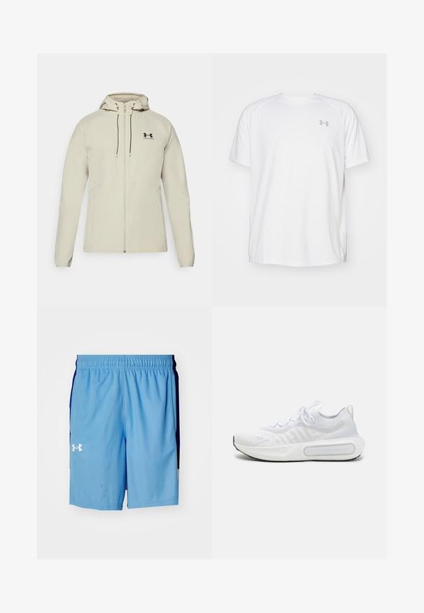 Lys beige hettejakke med frontglidelås, justerbare snorer og svart logo på venstre bryst. Glatt stoff og tettsittende design.; Hvit treningstopp med korte ermer laget av glatt stoff. Har rund hals og grått logo på venstre bryst, med sidesplitter i kanten.; Under Armour ZONE - Sports shorts - horizon blue/tech blue; Hvit atletisk sko med et teksturert strikket overdel, snøring, polstret såle og et distinkt merkeelement på siden.