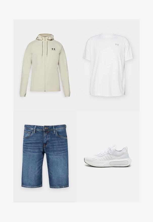 Lys beige hettejakke med frontglidelås, justerbare snorer og svart logo på venstre bryst. Glatt stoff og tettsittende design.; Hvit treningstopp med korte ermer laget av glatt stoff. Har rund hals og grått logo på venstre bryst, med sidesplitter i kanten.; Mørkeblå denim bermudashorts med rett snitt, fem lommer og kontrastsøm. Knapp og glidelås i midjen.; Hvit atletisk sko med et teksturert strikket overdel, snøring, polstret såle og et distinkt merkeelement på siden.