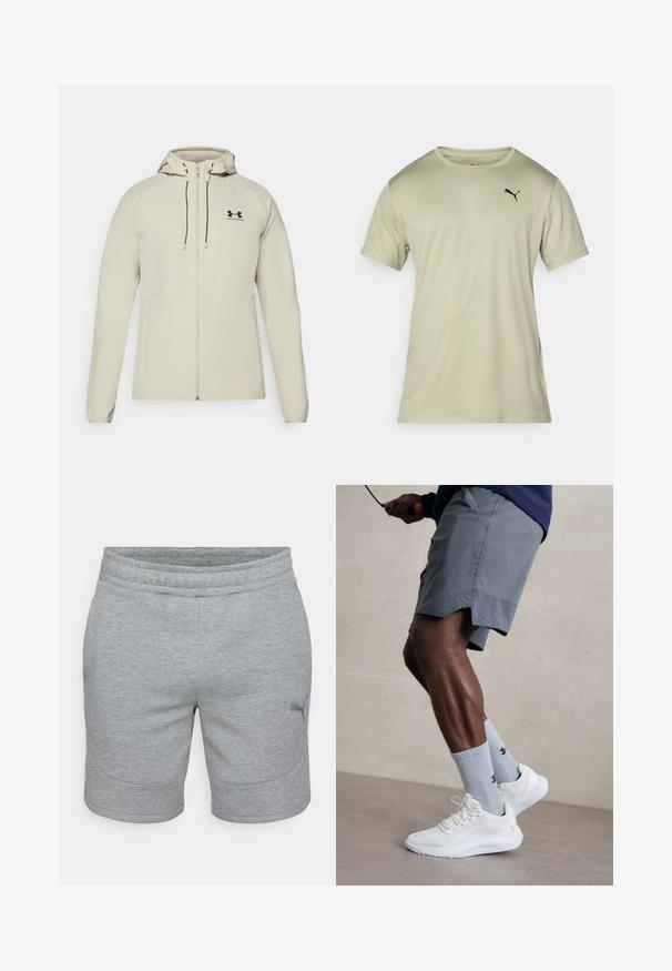 Svetlo bež kapuča jakna s prednjim zadrgo, prilagodljivimi vrvicami in črnim logotipom na levi prsih. Gladko blago in prilegajoča zasnova.; Svetlozelena kratkotrajna majica s kratkimi rokavi, izdelana iz mehkega materiala, z okruglim ovratnikom in majhnim črnim logotipom Puma na prsih.; Sive športne kratke hlače iz mehkega blaga z elastičnim pasom in stranskim logotipom. Gladka tekstura, raven kroj, dolžina do kolen.; Bela športna obutev z zgornjim delom iz teksturirane mreže, kombinirana z svetlo modrimi rebrastimi nogavicami z logotipom. Sivi športni šortsi s perforiranim robom.