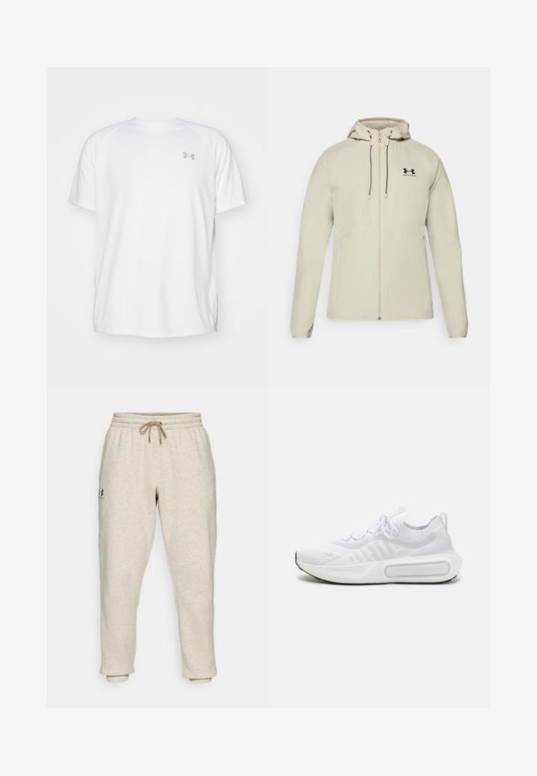 Chaqueta con capucha de color beige claro, con cremallera frontal, cordones ajustables y logo negro en el lado izquierdo del pecho. Tela suave y diseño ajustado.; Camisa atlética de manga corta blanca, hecha de tejido suave. Presenta un cuello redondo y un logo gris en el lado izquierdo del pecho, con aberturas laterales en el dobladillo.; Pantalones de chándal beige en tejido suave y texturizado, con cintura elástica y cordón. Presentan un logo lateral y puños ajustados para un ajuste relajado.; Zapatilla deportiva blanca con una parte superior de punto texturizado, cierre de cordones, suela acolchada y un detalle de marca distintivo en el lateral.