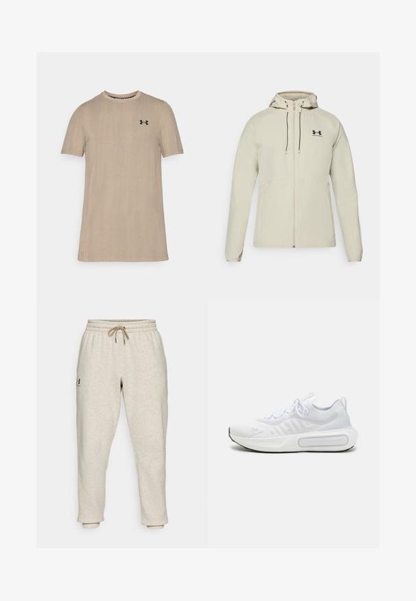 Jasnobeżowa kurtka z kapturem, z przednim zamkiem błyskawicznym, regulowanymi sznurkami i czarnym logo po lewej stronie klatki piersiowej. Gładki materiał i dopasowany krój.; Beżowa koszulka z krótkim rękawem wykonana z fakturowanej tkaniny. Posiada czarne logo na piersi oraz okrągły dekolt. Prosty design o regularnym kroju.; Beżowe dresy z miękkiego, teksturowanego materiału z elastycznym paskiem w talii i sznurkiem do regulacji. Posiadają boczne logo oraz zwężające się nogawki dla luźnego kroju.; Białe sportowe buty z teksturowanym, dzianinowym wierzchem, sznurowanym zapięciem, wyściełaną podeszwą i charakterystycznym detalem brandingowym po boku.
