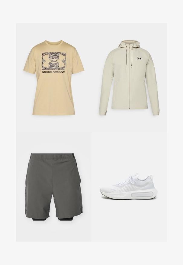 Chaqueta con capucha de color beige claro, con cremallera frontal, cordones ajustables y logo negro en el lado izquierdo del pecho. Tela suave y diseño ajustado.; Camiseta de algodón beige de manga corta. Presenta un logo de Under Armour con un patrón de camuflaje y letras oscuras debajo del logo.; Pantalones cortos deportivos grises con una tela suave y liviana, y una cinturilla elástica, que incluyen pantalones cortos de compresión interiores y bolsillos laterales.; Zapatilla deportiva blanca con una parte superior de punto texturizado, cierre de cordones, suela acolchada y un detalle de marca distintivo en el lateral.