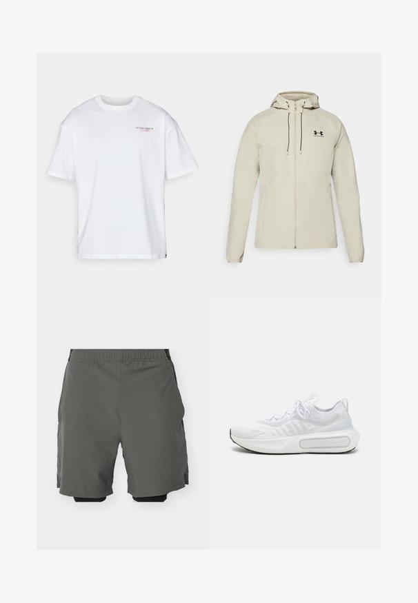 Svetlo bež kapuča jakna s prednjim zadrgo, prilagodljivimi vrvicami in črnim logotipom na levi prsih. Gladko blago in prilegajoča zasnova.; Under Armour Potiskana majica - white/racer red; Sive športne hlače z gladkim, lahkim materialom in elastičnim pasom, ki vsebujejo notranje kompresijske hlače in stranske žepke.; Bela športna čevlja s teksturirano pletenino, vezanjem na vezalke, blaženim podplatom in značilnim logotipom na strani.