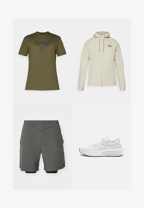 Vala beige huppari, jossa on etuvetoketju, säädettävät nyörit ja musta logo vasemmassa rinnassa. Sileä kangas ja vartalonmyötäinen muotoilu.; Oliivinvihreä puuvillainen T-paita, jossa on lyhyet hihat ja pyöreä kaula-aukko; edessä musta härkälogo.; Harmaat urheilushortsit, joissa on sileä ja kevyt kangas, joustava vyötärö ja sisäiset kompressioprihmat sekä sivutaskut.; Valkoinen urheilukenkä, jossa on teksturoitu neulepinta, nauhakiinnitys, pehmustettu pohja ja erottuva brändityyli sivussa.