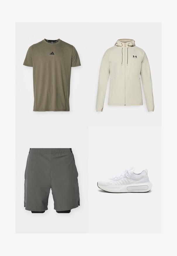 Šviesiai smėlio spalvos džemperis su gobtuvu, priekiniais užtrauktukais, reguliuojamomis raištelėmis ir juodu logotipu ant kairiojo krūtinės. Lygus audinys ir prigludusi forma.; Olive spalvos trumpomis rankovėmis marškinėliai, pagaminti iš minkštos medžiagos, su juodu Adidas logotipu ant krūtinės ir klasikiniu apvaliu iškirpimu.; Pilki sportiniai šortai su lygiu, lengvu audiniu ir elastiniu juosmeniu, su vidiniais kompresiniais šortais ir šoninėmis kišenėmis.; Baltas sportinis batelis su tekstūruota trikotažo viršutine dalimi, su raišteliais, paminkštintu padu ir išskirtiniu ženklas šone.