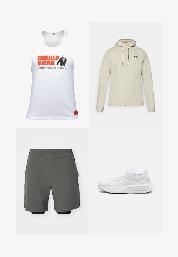 Svetlo bež kapuča jakna s prednjim zadrgo, prilagodljivimi vrvicami in črnim logotipom na levi prsih. Gladko blago in prilegajoča zasnova.; Bela majica bez rukavov, na kateri je v bold pisanju oranžne barve napis "GORILLA WEAR", črna grafika gorile in pod njo v manjšem tisku "ZDA".; Sive športne hlače z gladkim, lahkim materialom in elastičnim pasom, ki vsebujejo notranje kompresijske hlače in stranske žepke.; Bela športna čevlja s teksturirano pletenino, vezanjem na vezalke, blaženim podplatom in značilnim logotipom na strani.