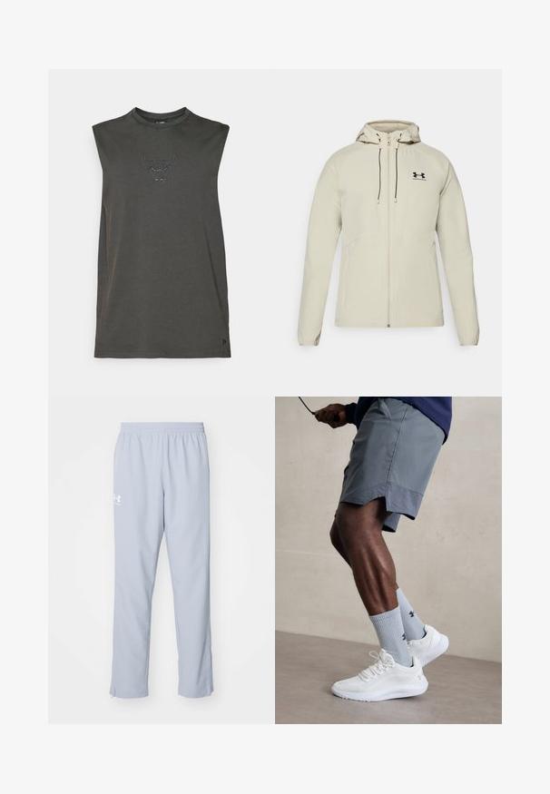 Šviesiai smėlio spalvos džemperis su gobtuvu, priekiniais užtrauktukais, reguliuojamomis raištelėmis ir juodu logotipu ant kairiojo krūtinės. Lygus audinys ir prigludusi forma.; Tamsiai pilka be rankovių marškinėlį iš minkštos medvilnės. Krūtinėje yra juodas siuvinėjimas buliuko logotipo. Paprastas, laisvas dizainas.; Šviesiai mėlynos sportinės kelnės su elastingu juosmeniu, šoninėmis kišenėmis ir kulkšn Midi užtrauktukais. Kairėje šlaunyje išspausdintas baltas logotipas.; Balti sportiniai bateliai su tekstūruotu tinkleliu viršuje, derinami su šviesiai mėlynomis ribotomis kojinėmis su logotipu. Pilki sportiniai šortai su perforuota apdaila.