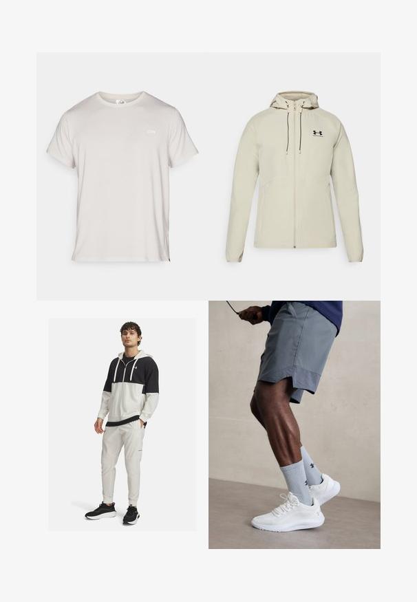 Svetlo bež kapuča jakna s prednjim zadrgo, prilagodljivimi vrvicami in črnim logotipom na levi prsih. Gladko blago in prilegajoča zasnova.; Svetlo siva majica, kratki rukavi, okrugli izrez, teksturirana tkanina sa malim uzorcima, sa belim brend logotipom na grudima.; Kapuca športna jakna v črni in beli barvi z zadrgo; v kombinaciji z belimi trenirka hlačami z žepi in elastičnimi manšetami; črne športne copate.; Bela športna obutev z zgornjim delom iz teksturirane mreže, kombinirana z svetlo modrimi rebrastimi nogavicami z logotipom. Sivi športni šortsi s perforiranim robom.