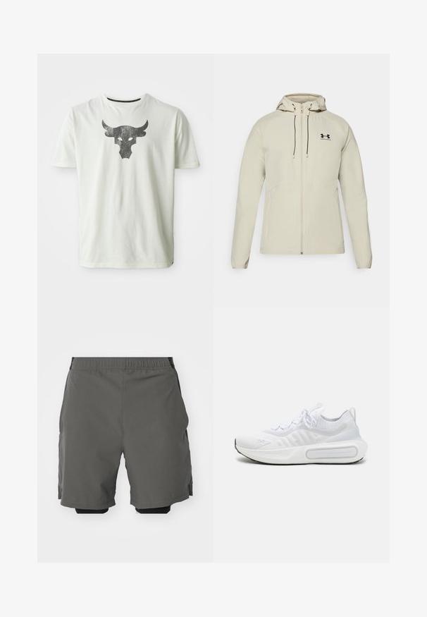 Ljusbeige huva jacka med framdragkedja, justerbara snoddar och svart logotyp på vänster bröst. Slät tyg och figurnära design.; Vit bomull t-shirt med en metallisk svart tjurhuvudgrafik centrerad på bröstet. Korta ärmar och rundad halsringning.; Grå idrottsshorts med ett slätt, lättviktigt tyg och resårmidja, med inre kompressionsshorts och sidofickor.; Vit sportskor med en texturerad stickad ovandel, snörning, vadderad sula och en distinkt varumärkesdetalj på sidan.