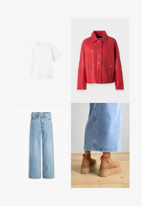Rød læderjakke med en tekstureret overflade, der har krave, forlygte lukning og sidelommer. Designet er struktureret og moderne.; Hvid kortærmet t-shirt, rund hals, lavet af glat bomuldsstof, med en afslappet pasform uden udsmykninger eller mønstre.; Højtaljede, lyseblå, vide bukser med knap og lynlås fortil, bæltestropper og fem lomme-stil.; Brune ruskinds platform støvler med elastiske sidepaneler og orange trækstropper, parret med en knælang lys denimnederdel på et trægulv.