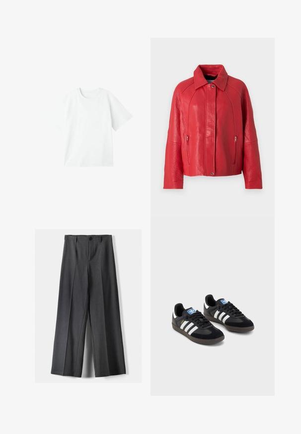 Czerwona skórzana kurtka o teksturowanym wykończeniu, z kołnierzykiem, zapięciem na zamek z przodu i bocznymi kieszeniami. Projekt jest zorganizowany i nowoczesny.; Biała koszulka z krótkim rękawem, okrągły dekolt, wykonana z gładkiej bawełny, charakteryzująca się luźnym krojem bez zdobień i wzorów.; Spodnie o szerokich nogawkach w ciemnoszarym kolorze, z zapięciem na guzik, plisami z przodu i szlufkami na pasek. Gładka faktura z dopasowanym krojem.; Czarne sneakersy z zamszową i syntetyczną cholewką, wyposażone w trzy białe paski, teksturowaną gumową podeszwę oraz niebieską metkę z logo na języku.