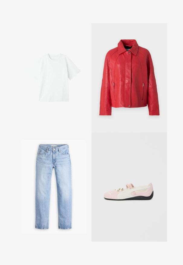 Rød læderjakke med en tekstureret overflade, der har krave, forlygte lukning og sidelommer. Designet er struktureret og moderne.; Hvid kortærmet t-shirt, rund hals, lavet af glat bomuldsstof, med en afslappet pasform uden udsmykninger eller mønstre.; Lyseblå denimjeans med en lige ben-design, fem lommer og en mellemhøj talje. Har en falmet struktur og håndsyet kant.; Rosa ruskind slip-on sko med hvide detaljer, gummisål og elastiske stropper. Har et tekstureret design og et lille logo på fronten.
