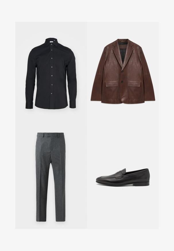Blazer in pelle marrone scuro con rever a tromba, due bottoni neri, tasche a pattina e fodera interna nera, disteso su sfondo bianco.; Camicia nera a maniche lunghe con colletto classico. Realizzata in tessuto morbido, presenta bottoni frontali e polsini arrotondati.; Pantaloni grigi su misura con un sottile motivo a quadri, design a gamba dritta e una texture del tessuto liscia. Presentano passanti per cintura e una chiusura con zip.; Mocassino da uomo in pelle nera con tacco basso e design classico a striscia, mostrato in profilo laterale su sfondo bianco.