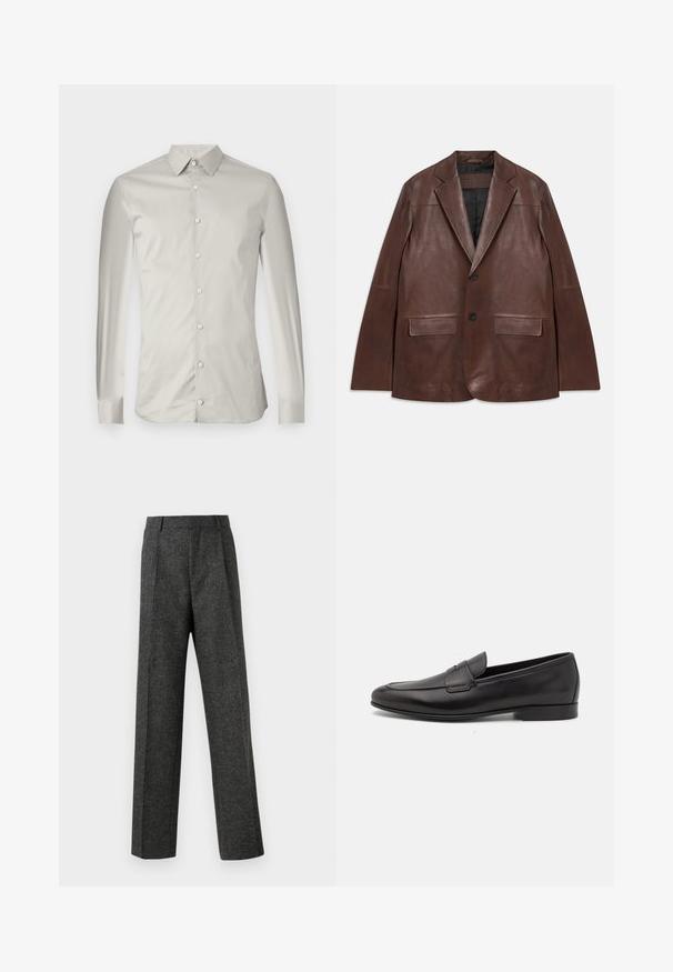 Tummanruskea nahkajakki, jossa on viistot kaulukset, kaksi mustaa nappia, läppätaskut ja musta vuori, asetettuna tasaiseksi valkoista taustaa vasten.; Vaaleanharmaa pitkähihaisessa paidassa on sileä kangas. Siinä on terävä kaulus, etupainikkeet ja hyvin istuva, minimalistinen muotoilu.; Harmaat räätälöidyt housut, jotka on valmistettu teksturoidusta kankaasta, ja niissä on kaksi etutaskua ja suora lahjemuoto. Ei näkyviä taskuja tai koristeluja.; Musta nahkainen miesten loaferi, jossa on matala korko ja klassinen penny-nauha, esitelty sivuprofiilissa valkoista taustaa vasten.
