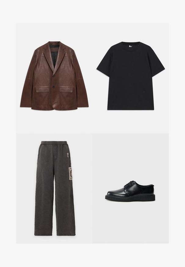 Ciemno-brązowa skórzana marynarka z klapami, dwiema czarnymi guzikami, kieszeniami z klapkami i czarną podszewką, leżąca płasko na białym tle.; Czarna koszulka z krótkim rękawem wykonana z bawełny, z okrągłym dekoltem i małym detalem logo blisko dolnej krawędzi. Gładka faktura, standardowy krój.; Spodnie szerokie w kolorze ciemnoszarym, z ozdobną łatą na przedniej kieszeni i elastycznym pasem dla wygody.; Czarne skórzane buty sznurowane z zaokrąglonym noskiem, gładkim wykończeniem i czarną, teksturowaną gumową podeszwą. Minimalistyczny design bez widocznych wzorów.