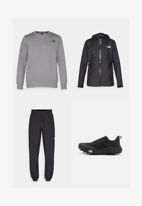 Mustat vesitiiviit takki hupulla, jossa on edessä vetoketju, kaksi vetoketjullista taskua ja logo rinnassa. Silkkinen pinta, kevyt muotoilu.; Huppari, joka on valmistettu pehmeästä puuvillakankaasta, harmaan värinen, jossa on pyöreä kaula-aukko, pitkät hihat, joustavat hihansuut ja helma, sekä musta logo rinnassa.; Mustat urheiluhousut, jotka on valmistettu kevyestä kankaasta. Housuissa on naru vyötäröllä, sivutaskut ja kapenevat hihnat nilkoissa.; Musta maastojuoksukengät, joissa on teksturoitu päällinen, kumipohja ja vahvistettu varvastoppia. Varusteena pehmustettu nilkkakappale ja vetotappi helppoa pukemista varten.