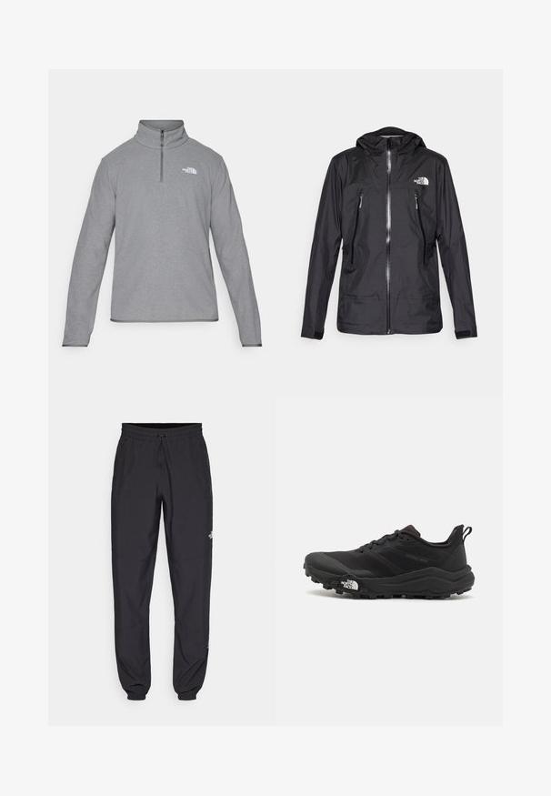 Schwarze wasserdichte Jacke mit Kapuze, ausgestattet mit einem Frontreißverschluss, zwei Reißverschlusstaschen und einem Logo auf der Brust. Glatte Textur, leichtes Design.; The North Face M GLACIER FLEECE 1/4 ZIP JACKET - Fleecepullover - grey heather; Schwarze Sporthosen aus leichtem Stoff, mit einem Kordelzugbund, seitlichen Taschen und schmal zulaufenden Bündchen an den Knöcheln.; Schwarzer Trailrunning-Schuh mit strukturiertem Obermaterial, Gummisohle und verstärkter Zehenkappe. Verfügt über einen gepolsterten Kragen und eine Ziehlasche für einfaches Anziehen.