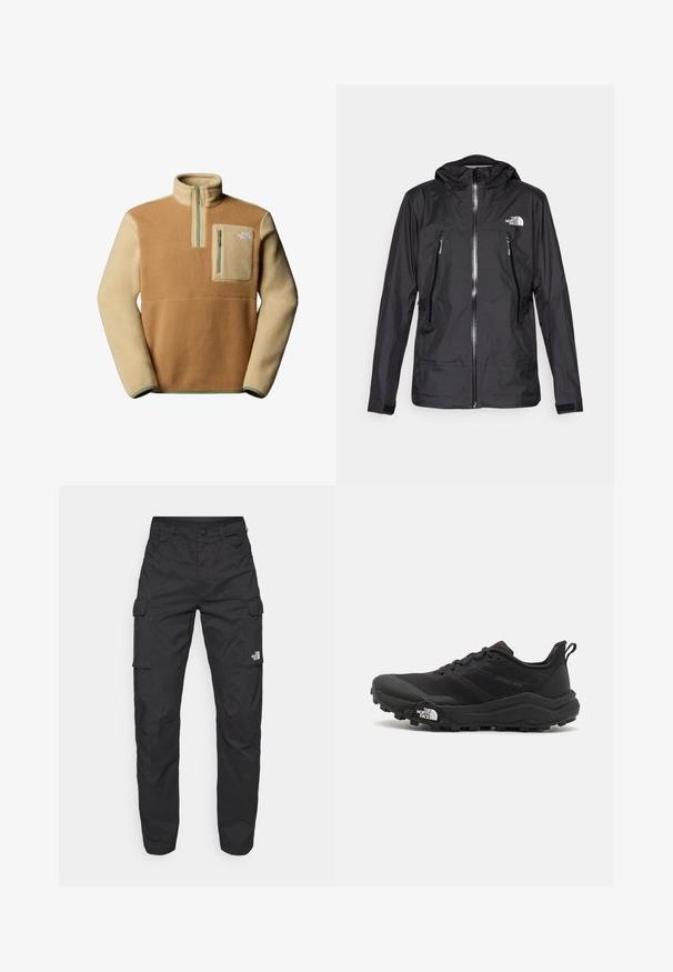 Crna vodootporna jakna s kapuljačom, koja ima prednji zipper, dva zippered džepa i logo na prsima. Glatka tekstura, lagan dizajn.; Pulover od flisa u smešnoj i bež boji s polu-zip kragnom, prednjim džepom na grudima i logotipom The North Face na levoj strani. Teksturalna tkanina.; The North Face EXPLORATION PANTS - Cargo hlače - black; Crne trail trkačke cipele s teksturiranim gornjim dijelom, gumeni potplat i ojačana zaštita za prste. Imaju podstavljen ovratnik i trakicu za lakše obuvanje.