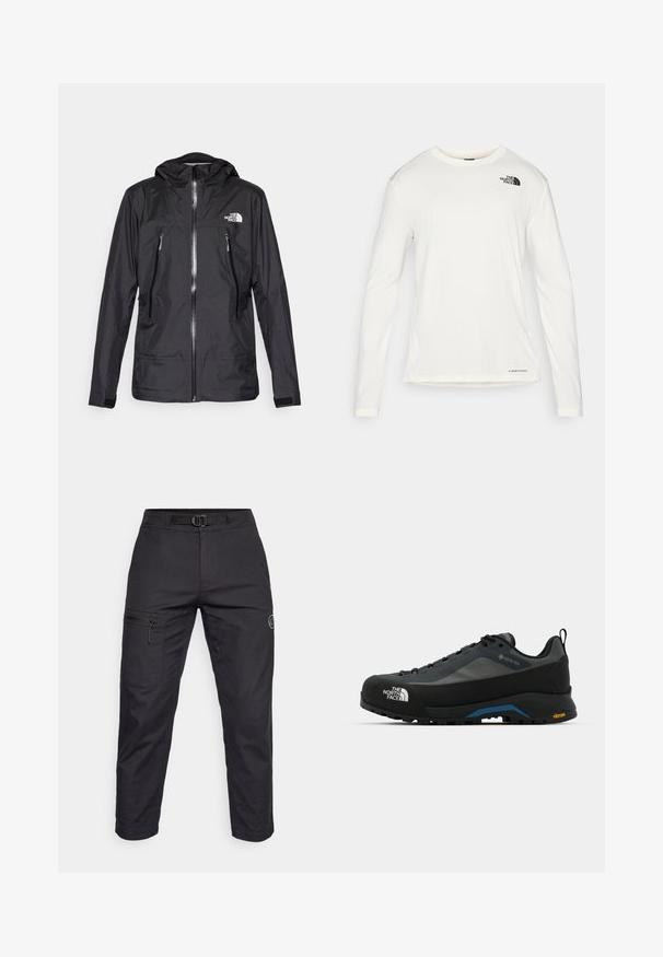 Fekete vízálló dzseki kapucnival, elülső cipzárral, két cipzáras zsebbel és logóval a mellkason. Simább textúra, könnyű kialakítás.; Fehér, hosszú ujjú póló kerek nyakkal, textúrált anyagból, fekete logóval a bal vállon, és diszkrét márkajelzéssel az alján.; Fekete cargo nadrág sima textúrával, cipzáras zsebbel a combon, állítható derékkal és logóval ellátott folttal a lábon.; The North Face VERTO ALPINE GORE TEX - Túracipők - asphalt grey/tnf black