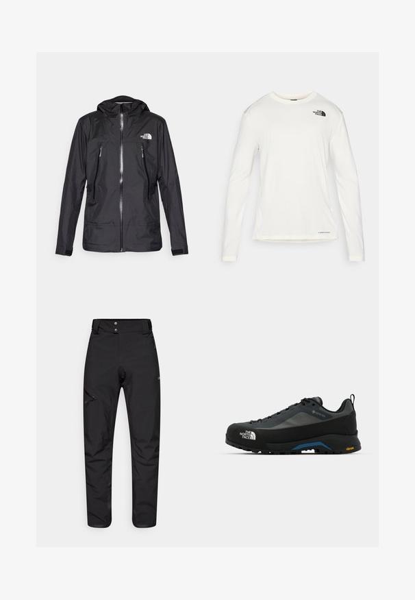 Must värvitud veekindel jakk kapuutsiga, esiküljel tõmblukk, kaks tõmblukuga taskut ja logo rindkeres. Sile tekstuur, kerge disain.; Valge pika varrukaga särk ümmarguse kaelusega, tekstuuriga kangas, must logo vasakul õlal ja peen bränding alt. ; Mustad mustos värviga välispüksid, mis on valmistatud vastupidavast ja kergest materjalist. Omab lukuga taskut vasakul reiel ja kaht nupukinnituskoht.; The North Face VERTO ALPINE GORE TEX - Matkajalatsid - asphalt grey/tnf black