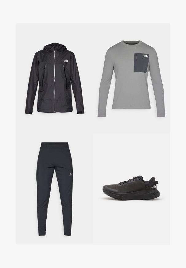 Juodas vandeniui atsparus džemperis su gobtuvu, pasižymintis priekiniais užtrauktukais, dviem užtrauktukais uždaromomis kišenėmis ir logotipu ant krūtinės. Lygus tekstūra, lengvas dizainas.; Ilgų rankovių pilkas marškinis su tekstūruota medžiaga, kuris turi tamsiai pilką krūtinės kišenę ir užtrauktuką. Kišenėje baltas logotipas.; Juodi sportiniai džinsai, pagaminti iš lengvos, tamprios medžiagos. Turintys elastinį juosmenį ir logotipą kairiajame kloste. Lieknas prigludimas.; Juodas sportinis batai su tinklelio viršumi, paminkštintu apykaklė ir guminiu padu. Yra tekstūruotas dizainas ir ženklinimas ant kulno. Lengvas konstrukcija.