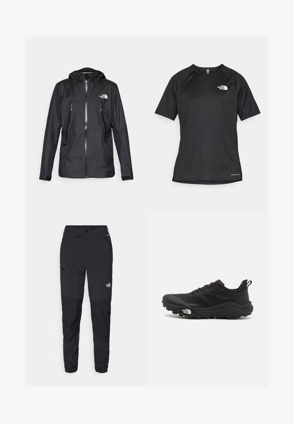 Juodas vandeniui atsparus džemperis su gobtuvu, pasižymintis priekiniais užtrauktukais, dviem užtrauktukais uždaromomis kišenėmis ir logotipu ant krūtinės. Lygus tekstūra, lengvas dizainas.; Juoda trumpa rankovė atletinė marškinė, pagaminta iš tekstūruotos medžiagos, su baltu logotipu kairėje krūtinės pusėje ir tiesiu apdailos kraštu.; Juodos lauko kelnės su aptemptu siluetu, pagamintos iš patvarios medžiagos. Turi kišenes su užtrauktuku ir diskretišką ženklinimą priekinėje kojoje.; Juoda bėgimo batai su tekstūruotu paviršiumi, guma padais ir sustiprinta pirštų dalimi. Yra paminkštinta apykaklė ir kilpos, leidžiančios lengvai užsidėti.