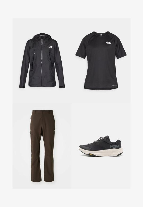 Svart vattentät jacka med huva, med en framzip, två fickor med dragkedja och en logotyp på bröstet. Slät textur, lätt design.; Svart kortärmad träningsskjorta i strukturerad tyg, med en vit logotyp på vänster bröst och rak fåll.; Jack Wolfskin HOLDSTEIG PANTS - Friluftsbyxor - peat; Svart sportskor med en texturerad ovansida, grå detaljer, reflektiva inslag och en tjock vit sula med Vibram-märkning.
