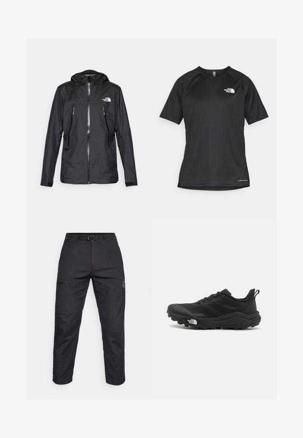 Fekete vízálló dzseki kapucnival, elülső cipzárral, két cipzáras zsebbel és logóval a mellkason. Simább textúra, könnyű kialakítás.; Fekete, rövid ujjú sportpóló struktúrált anyagból, bal mellen fehér logóval és egyenes aljjal.; Fekete cargo nadrág sima textúrával, cipzáras zsebbel a combon, állítható derékkal és logóval ellátott folttal a lábon.; Fekete terepfutó cipő, textúrált felső résszel, gumitalppal és megerősített lábujjrészével. Párnázott bokarésszel és húzófüllel rendelkezik a könnyű felhúzáshoz.