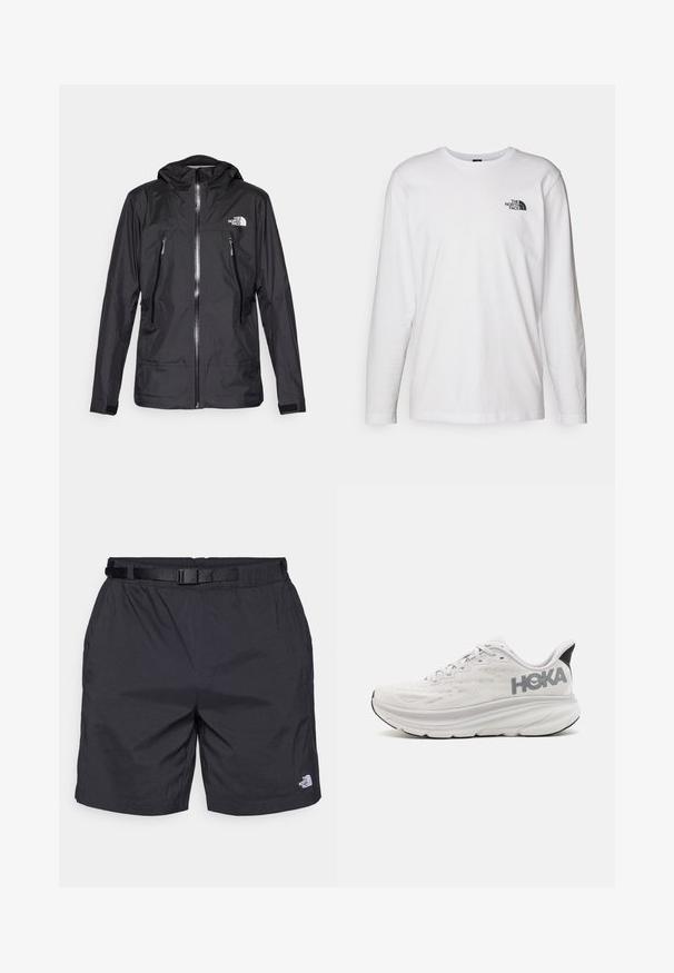 Black waterproof jacket with a hood, featuring a front zipper, two zippered pockets, and a logo on the chest. Smooth texture, lightweight design.; White long-sleeve T-shirt made of cotton with a crew neck. Features a small black logo on the chest. Smooth texture, regular fit.; Black lightweight shorts with a relaxed fit, featuring an adjustable belt, side pockets, and the North Face logo on the lower right leg.; HOKA CLIFTON 9 - Road running shoes - nimbus cloud/steel wool