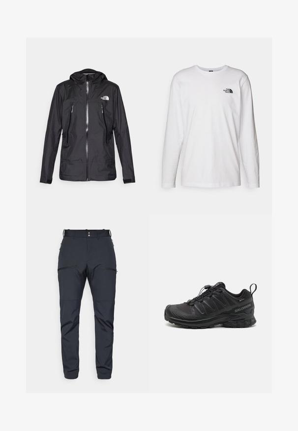 Schwarze wasserdichte Jacke mit Kapuze, ausgestattet mit einem Frontreißverschluss, zwei Reißverschlusstaschen und einem Logo auf der Brust. Glatte Textur, leichtes Design.; Weißes langärmliges T-Shirt aus Baumwolle mit Rundhalsausschnitt. Verfügt über ein kleines schwarzes Logo auf der Brust. Glatte Textur, reguläre Passform.; Houdini MORE PANTS - Outdoor-Hose - true black; Schwarzer Sportschuh mit einer strukturierten, synthetischen Oberseite, gepolsterten Sohle und einem schnellen Schnürsystem. Verfügt über eine verstärkte Zehen- und Fersenkappe.