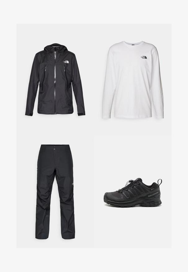Svart vattentät jacka med huva, med en framzip, två fickor med dragkedja och en logotyp på bröstet. Slät textur, lätt design.; Vit långärmad T-shirt i bomull med rund halsringning. Har en liten svart logotyp på bröstet. Slät textur, normal passform.; Svarta vattentäta byxor med rak bendesign, med en slät textur, två knappar i midjan och subtil logotyp på sidan.; Svart sportskor med en strukturerad syntetöverdel, dämpad sula och ett snabbsnörningssystem. Har förstärkt tå och hälen.