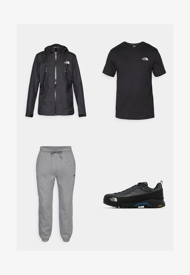 Fekete vízálló dzseki kapucnival, elülső cipzárral, két cipzáras zsebbel és logóval a mellkason. Simább textúra, könnyű kialakítás.; Fekete rövidujjú pamut póló, kerek nyakkivágással, a bal felső mellkason egy kis fehér logóval.; The North Face SIMPLE DOME REGULAR TAPERED JOGGER - Tréningruha alsók - medium grey heather; The North Face VERTO ALPINE GORE TEX - Túracipők - asphalt grey/tnf black