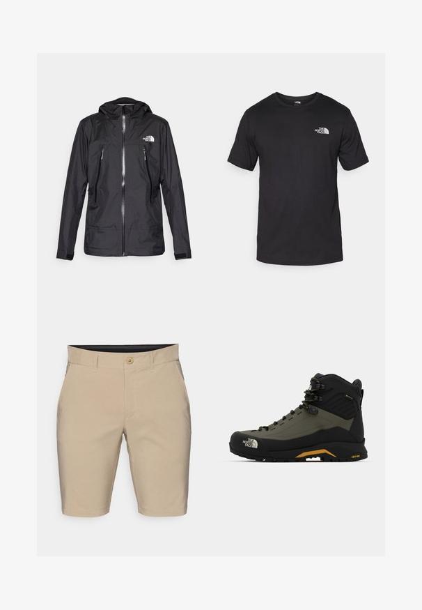 Juodas vandeniui atsparus džemperis su gobtuvu, pasižymintis priekiniais užtrauktukais, dviem užtrauktukais uždaromomis kišenėmis ir logotipu ant krūtinės. Lygus tekstūra, lengvas dizainas.; Juodas trumpas rankovės marškinėliai, pagaminti iš medvilnės, su apvaliu kaklu ir mažu baltu logotipu viršutiniame kairiajame krūtinės kampe.; Šviesiai rudos šortai pagaminti iš medvilnės ir poliesterio mišinio. Turi mygtuką užsegimui, diržo kilpas ir tiesias kraštines. Nėra matomų raštų ar akcentų.; Juodai ir alyviniu žalia spalva pagamintos hiking batai, pagaminti iš sintetinių medžiagų, turi aukštą viršų, staigių užsegimo sistemą ir Vibram pado, užtikrinančio sukibimą.