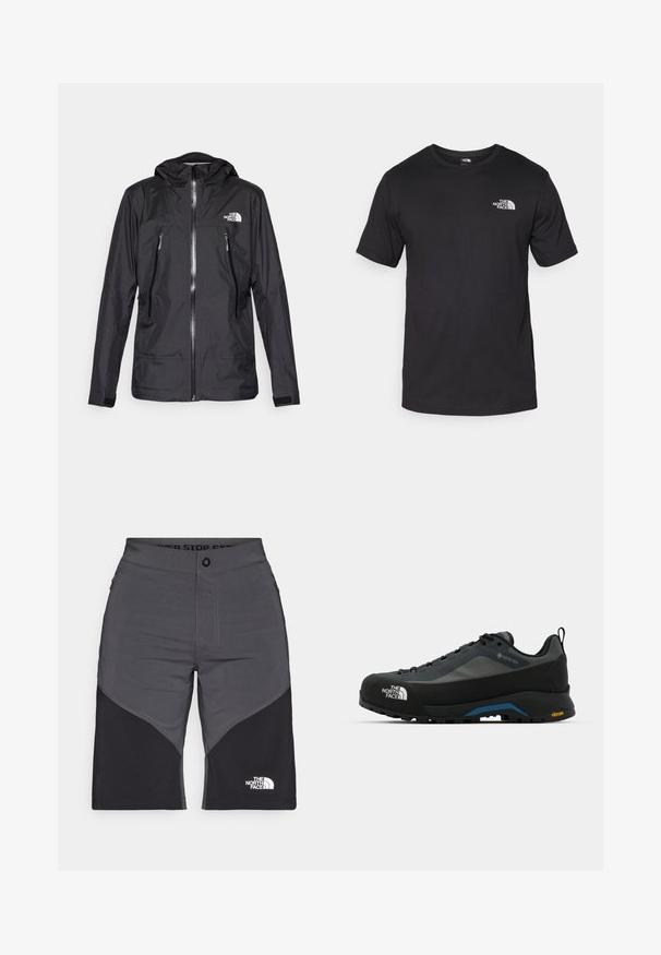Svart vattentät jacka med huva, med en framzip, två fickor med dragkedja och en logotyp på bröstet. Slät textur, lätt design.; Svart t-shirt med kort ärm gjord av bomull, med rund halsringning och en liten vit logotyp på övre vänstra bröstområdet.; Grå och svarta shorts med paneldesign, framknäppning och The North Face-logotyp. Tillverkade av ett lätt och hållbart material.; The North Face VERTO ALPINE GORE TEX - Hikingskor - asphalt grey/tnf black